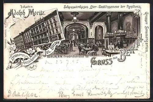 Vorläufer-Lithographie Berlin, 1895, Gasthaus Brauerei-Ausschank Jul. Bötzow v. Adolph Moritz, Friedrichstrasse 100