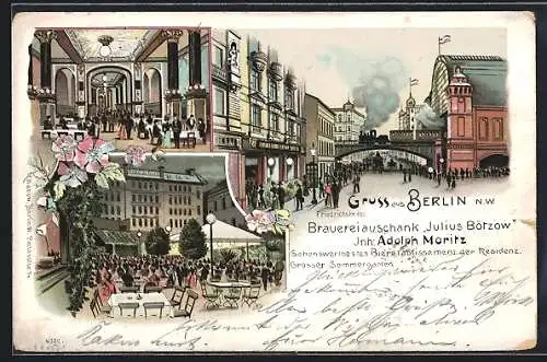 Lithographie Berlin, Gasthaus Brauereiausschank Julius Bötzow v. A. Moritz mit Gartenlokal, Friedrichstrasse 100