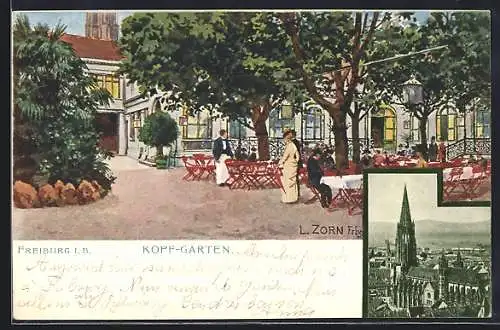 Künstler-AK sign.L. Zorn: Freiburg / Breisgau, Gasthof Kopf-Garten mit Gästen