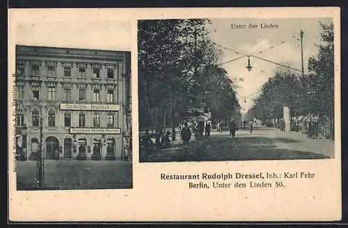 AK Berlin, Restaurant Rudolph Dressel v. Karl Fehr, Unter den Linden 50, Strassenpartie