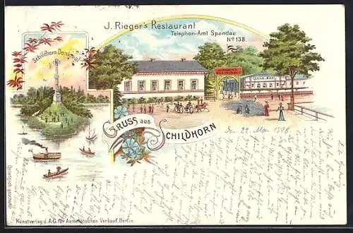 Lithographie Berlin-Schildhorn, J. Riegers Restaurant, Schildhorn-Denkmal