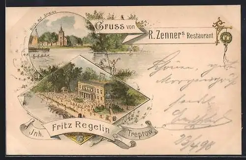 Lithographie Berlin-Treptow, R. Zenner`s Restaurant v. Fritz Regelin mit Strandterrasse