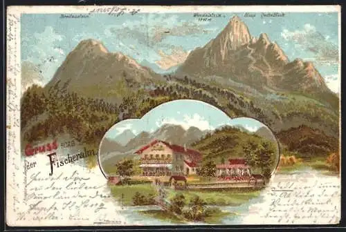 Lithographie Fischbachau, Der Gasthof Fischeralm, Breitenstein, Wendelstein und Haus Gache-Blick