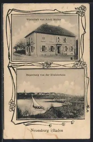 AK Neuenburg i. Baden, Gasthaus von Adolf Müller, Ortsansicht von der Rheinbrücke