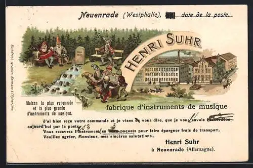 Lithographie Neuenrade, Fabrik für Musikinstrumente Henri Suhr, Zwerge