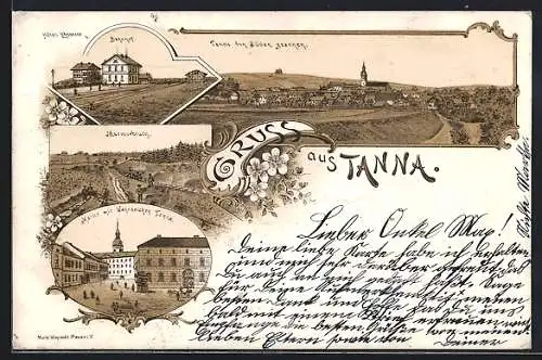 Lithographie Tanna, Hotel Linderhof, Bahnhof, Markt, Gesamtansicht