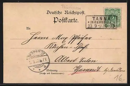 Lithographie Tanna, Hotel Linderhof, Bahnhof, Markt, Gesamtansicht