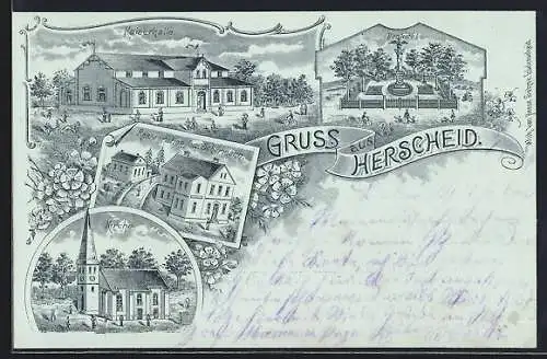 Mondschein-Lithographie Herscheid, Restaurant Aug. Schürmann, Kirche, Denkmal, Kaiserhalle