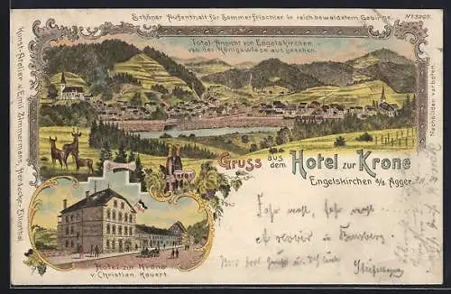 Lithographie Engelskirchen a. d. Agger, Hotel zur Krone v. Christian Kauert, Totalansicht von der Königswiese aus