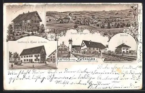 Lithographie Betzigau, Gasthaus zur Krone, Bahnhof, Forsthaus, Ortspartie, Totalansicht