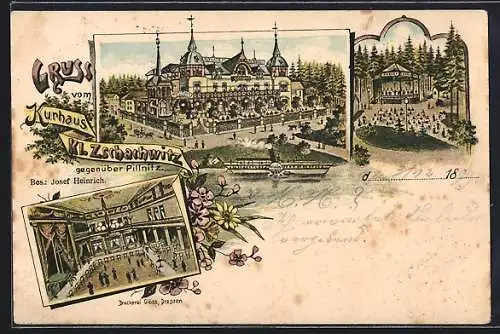 Lithographie Dresden-Pillnitz, Kurhaus Kl. Zschachwitz v. Josef Heinrich mit Innenansicht und Gartenpartie