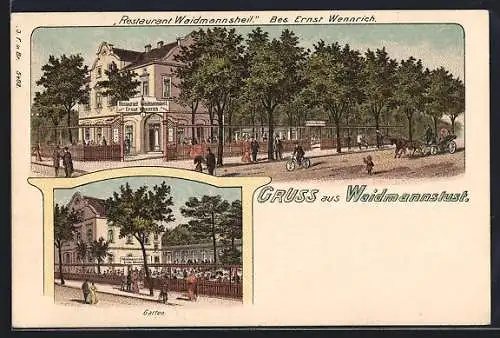 Lithographie Reinickendorf-Waidmannslust, Restaurant Waidmannsheil von Ernst Wennrich