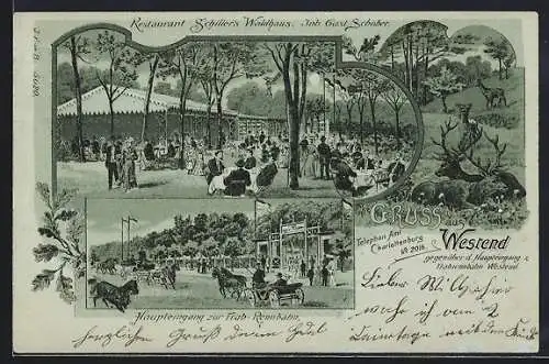 Mondschein-Lithographie Berlin-Westend, Restaurant Schiller`s Waldhaus v. Gust. Schober, Haupteingang zur Trab-Rennbahn