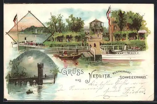 Lithographie Nedlitz / Potsdam, Restaurant Schweizerhaus, Brücke, Uferpartie