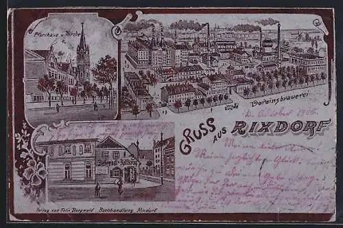 Metallfolie-AK Rixdorf, Vereinsbrauerei, Gasthaus Vehrendt`s Rollkrug, Pfarrhaus und Kirche