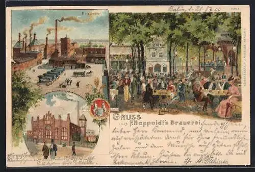 Lithographie Berlin-Kreuzberg, Gasthaus F. Happoldt`s Brauerei, Garten, Lager-Keller