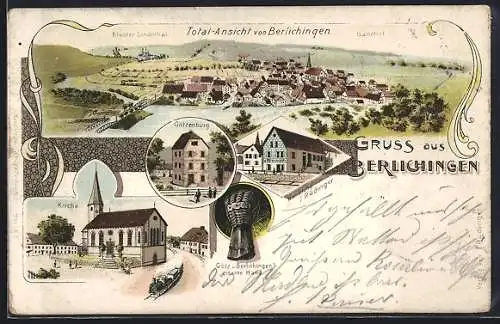 Lithographie Berlichingen, Handlung J. Rüdinger, Götzenburg, Kirche, Götz v. Berlichingen`s eiserne Hand, Totalansicht