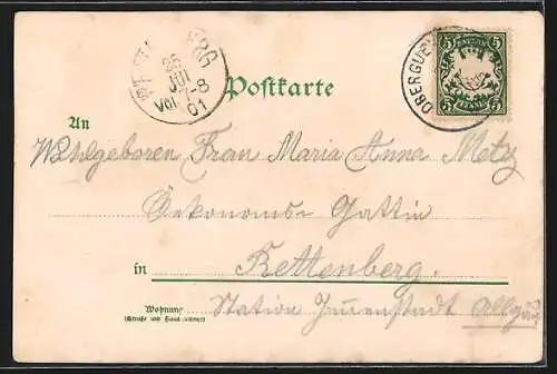 Lithographie Obergünzburg, Alter Markt, Steingasse, Reverdys-Quelle, Pferdekutsche