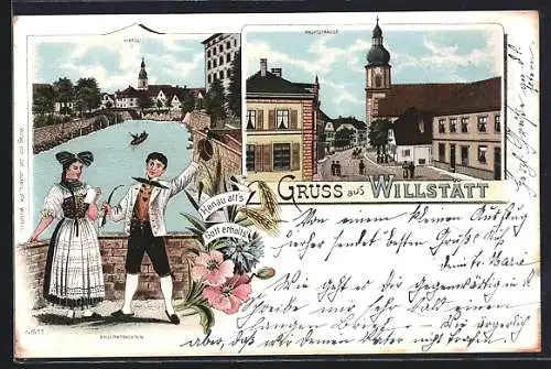 Lithographie Willstätt, Hauptstrasse, Paar in Tracht am der Flussbrücke