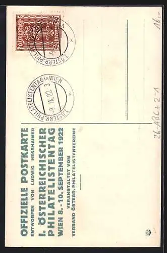Künstler-AK sign. Ludwig Hesshaimer: Wien, 1. Österreichischer Philatelistentag 8.-10. September 1922, Hermes