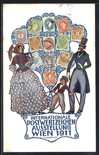 Künstler-AK H. Kalmsteiner: Wien, Internationale Postwertzeichen-Ausstellung 1911, Paar mit Kind, Briefmarken