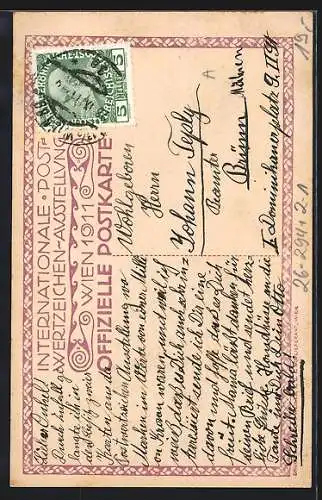 Künstler-AK H. Kalmsteiner: Wien, Internationale Postwertzeichen-Ausstellung 1911, Paar mit Kind, Briefmarken