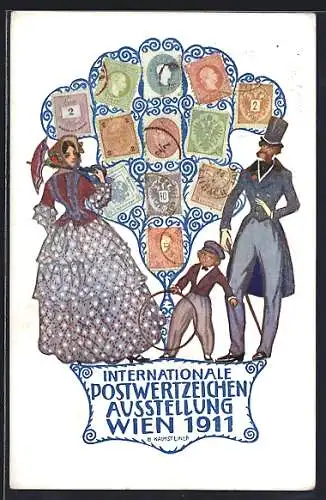 Künstler-AK H. Kalmsteiner: Wien, Internationale Postwertzeichen-Ausstellung 1911, Paar mit Kind, Briefmarken