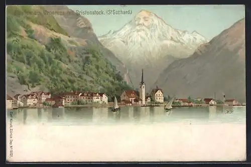 Lithographie Künzli Nr. 5021: Flüelen am Urnersee, Bristenstock und St. Gotthard, Berg mit Gesicht / Berggesichter