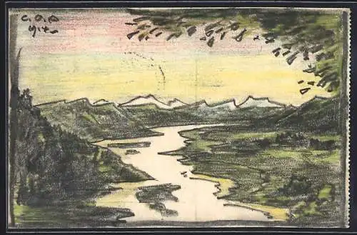 Künstler-AK Handgemalt sign. Carl O. Arends: Idyllische Flusslandschaft mit Blick auf Berge