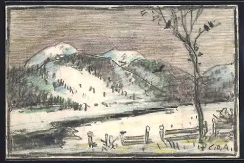 Künstler-AK Handgemalt sign. Carl O. Arends: Flusslandschaft und Berge im Winterkleid