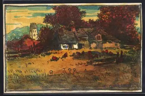 Künstler-AK Handgemalt sign. Carl O. Arends: Wohnhaus im warmen Licht der Herbstsonne