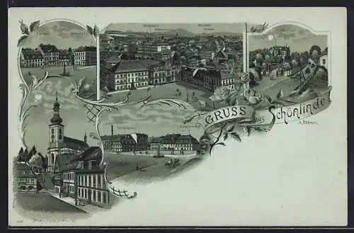 Mondschein-Lithographie Schönlinde, Gasthaus zur Post und Apotheke, Schmidt`s Gasthaus, Gasthaus zum Ross, Villa Hielle