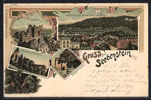 Lithographie Seebenstein, Ruine Türkensturz, Bergschloss, Burghof mit Brunnen, Totalansicht