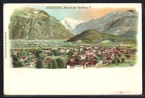 Lithographie Interlaken, Panoramablick auf die Stadt, Suchbild Wo ist der Berliner?