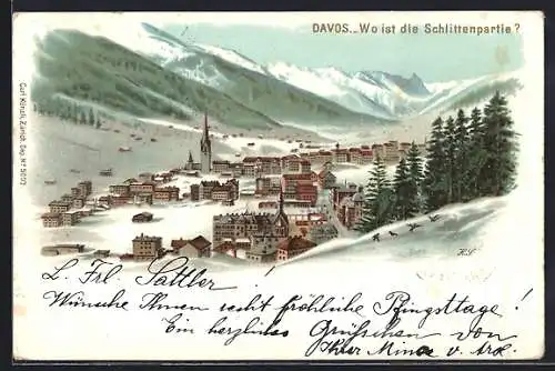 Winter-Lithographie Davos, Wo ist die Schlittenpartie, Bilderrätsel, opt. Täuschung