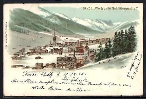 Winter-Lithographie Davos, Wo ist die Schlittenpartie, Bilderrätsel, opt. Täuschung