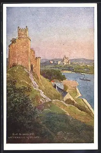 Künstler-AK Rudolf Schmidt: Weitenegg /Donau, Blick von der Burg über die Donau