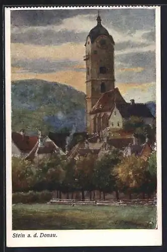 Künstler-AK Stein an der Donau, Ortsansicht mit Kirche