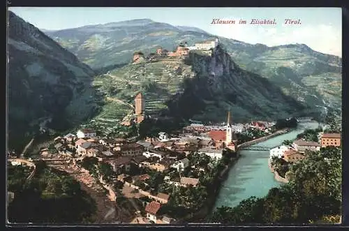 AK Klausen im Eisaktal, Panoramablick auf Ort und Kloster