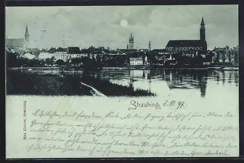 Mondschein-AK Straubing, Teilansicht mit Flusspartie