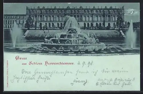 Mondschein-AK Herrenchiemsee, Schloss mit Fontäne