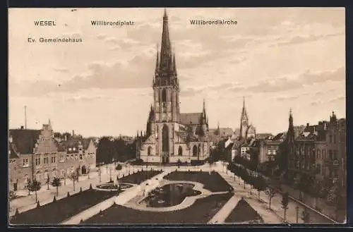 AK Wesel / Rhein, Willibrordiplatz mit Ev. Gemeindehaus und Willibrordikirche