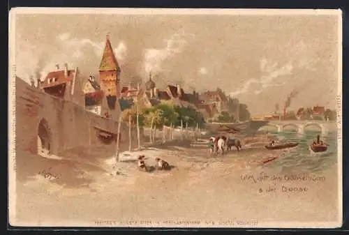 Lithographie Ulm / Donau, Teilansicht mit dem Gänseturm