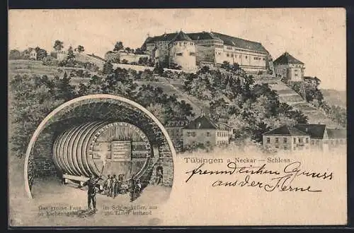 Lithographie Tübingen, Schloss auf dem Berg, grosses Fass im Schlosskeller