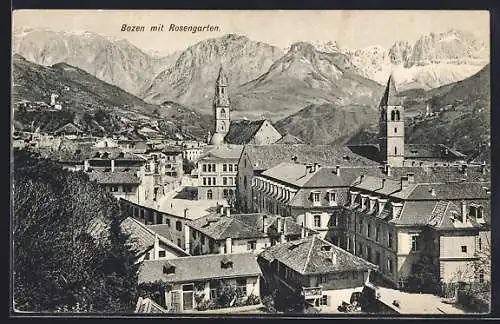 AK Bozen, Teilansicht mit Rosengarten aus der Vogelschau