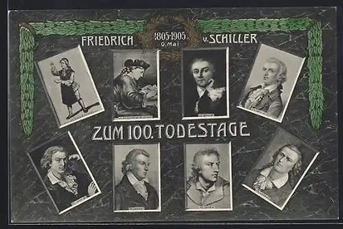 AK 100. Todestag Friedrich Schillers 1905, Porträts im Alter von 9 bis 45 Jahren