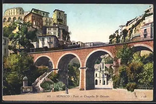 AK Monaco, Pont et Chapelle St-Devote mit Eisenbahn