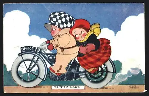 Künstler-AK Kleines Paar auf einem Motorrad