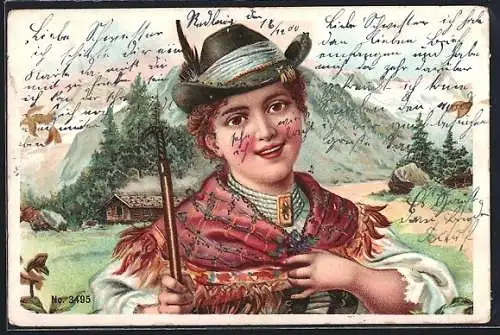 Lithographie Frau in bayerischer Tracht mit Hut und Halstuch