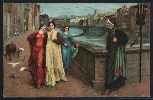 AK Dante und Beatrice mit Tauben auf einer Strasse